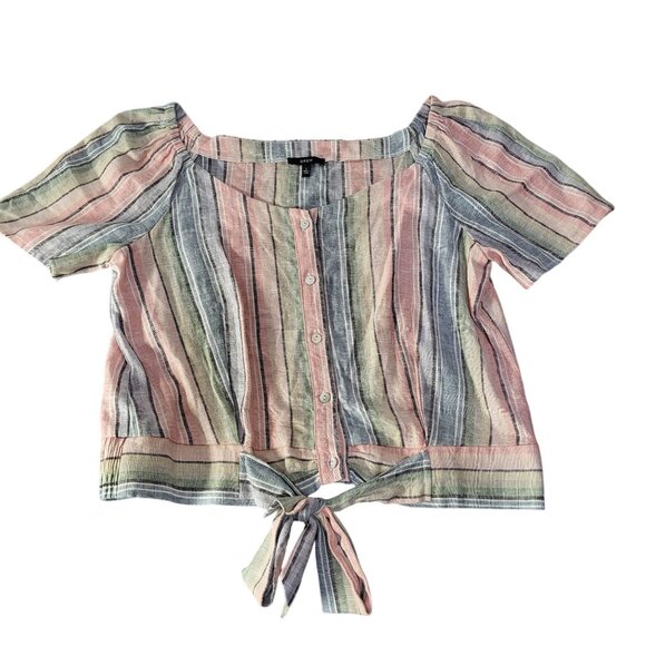 DREW Women's LG Linen Blend Pastel Striped Tie Front Top Blouse Anthropologie - Picture 1 of 8